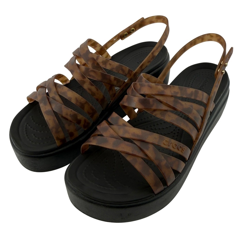 Crocs Brooklyn Strappy Low Wedge Sandal Black Tortoise Women 7 Platform Y2K
